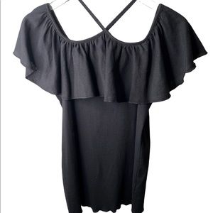 NWT Chaser Baby Rib Cold Shoulder Ruffle Sleeve Black Top Medium